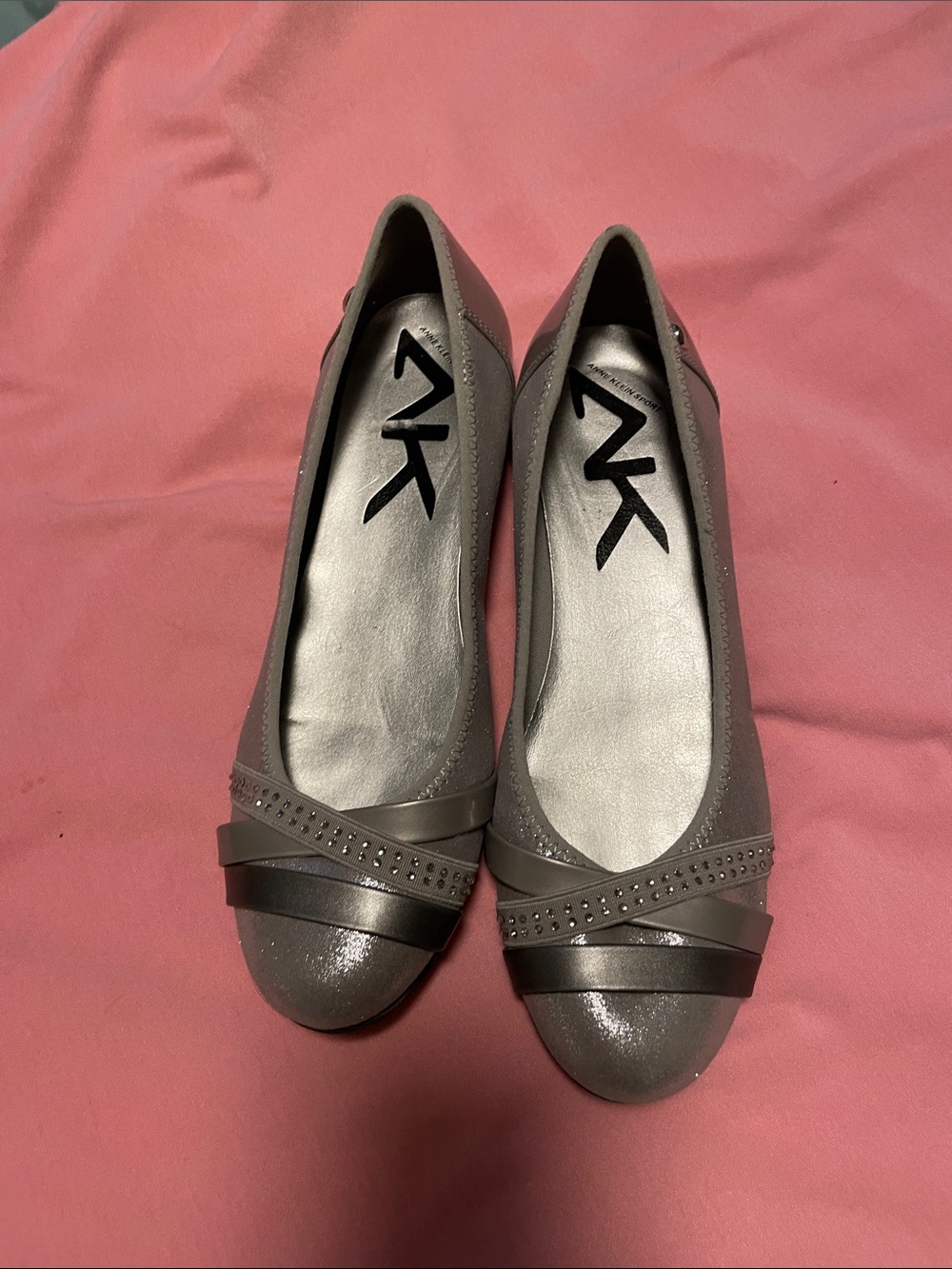 Anne Klein Gray Slip-On Ballet Flats with Decorative Straps